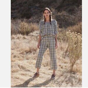 The GREAT. SET Gunnysack Plaid  Plaid Linen Lounge Pants And Puff Sleeves Top